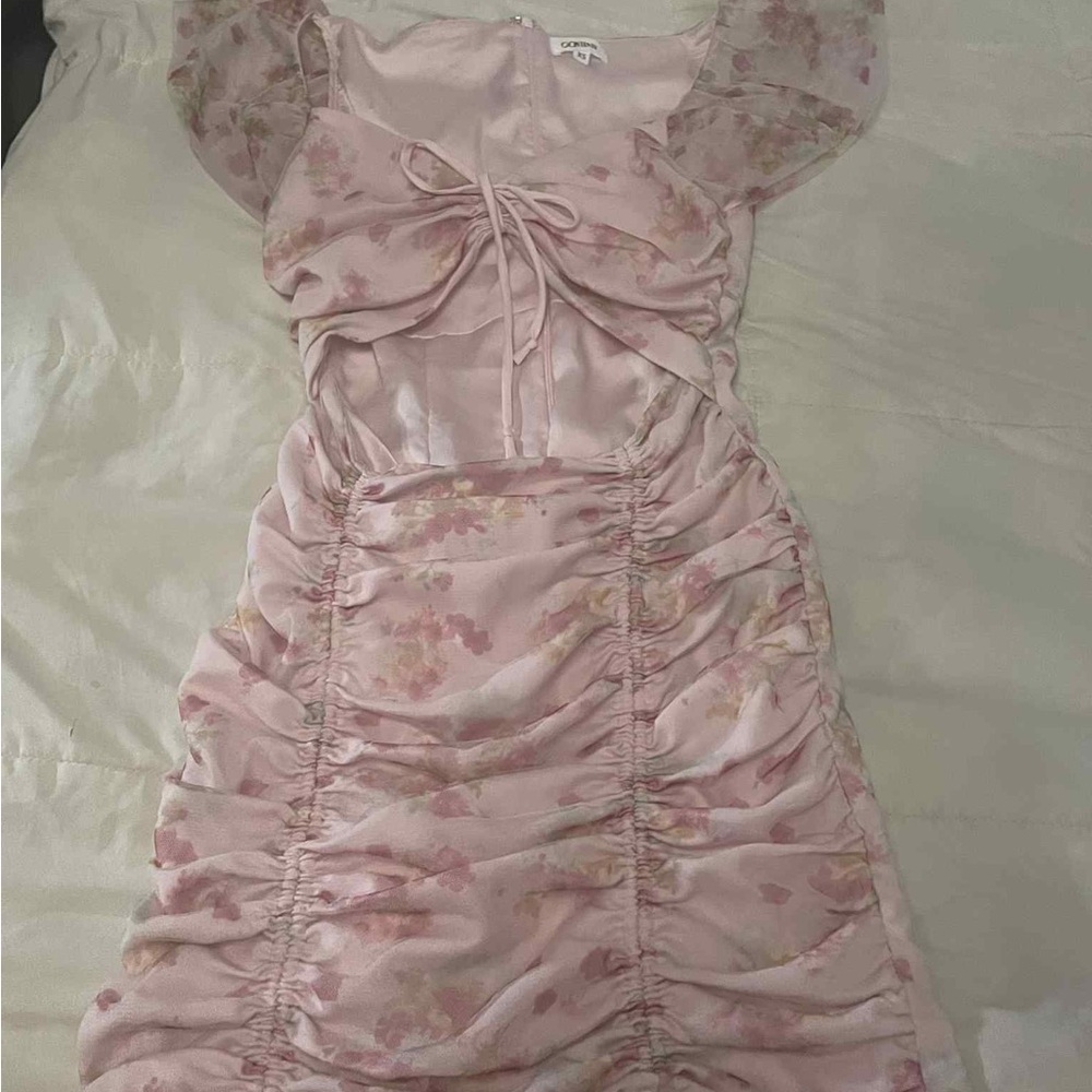 Pink Floral Ruched Dress with Tie Front